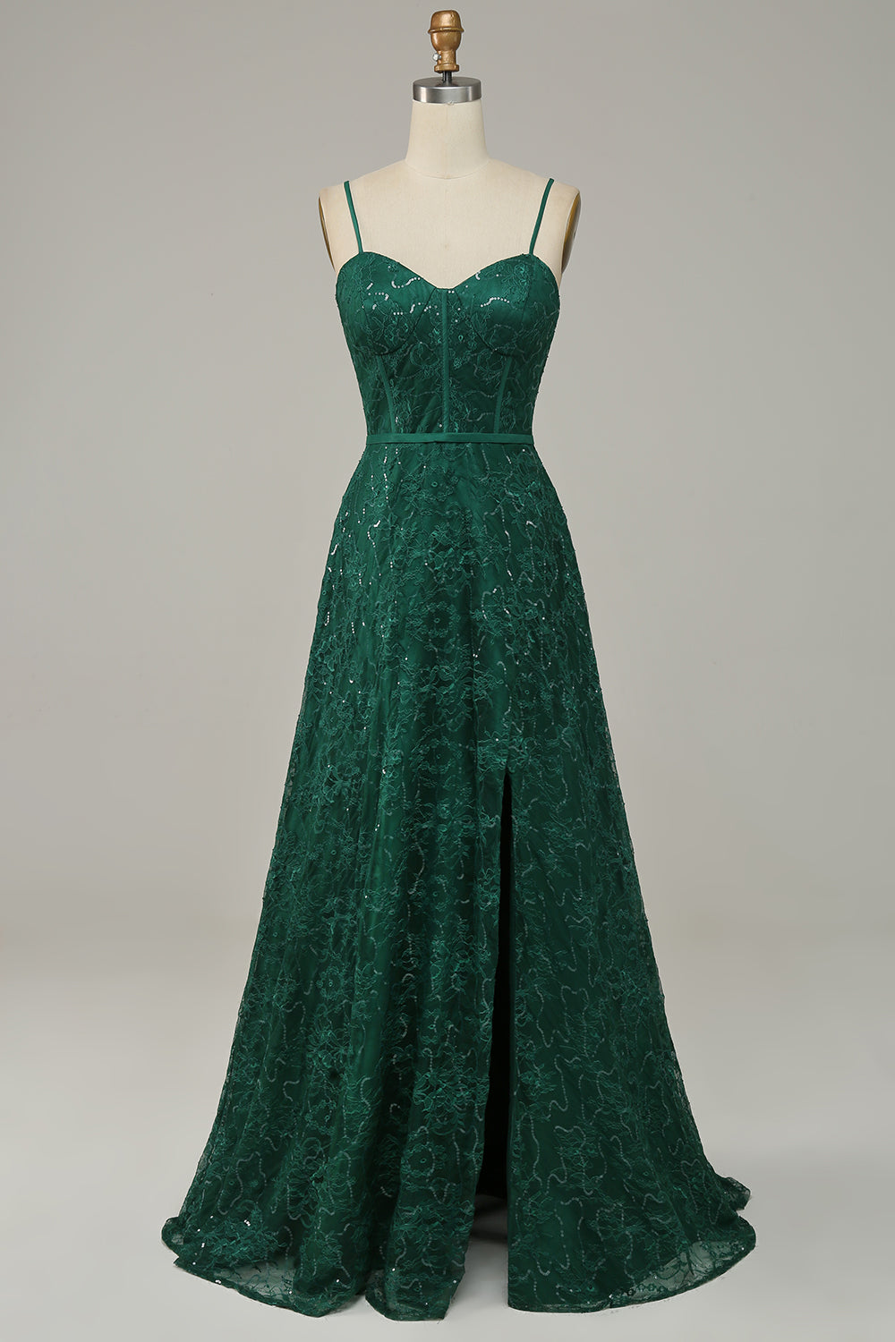 Luolandi Dark Green Lace Spaghetti Straps Corset Prom Dress Sparkly Evening Dress