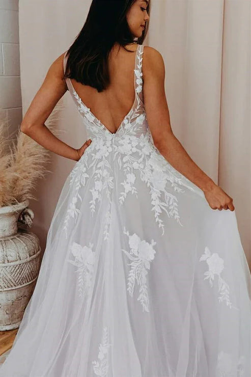Luolandi A-Line V Back Long Wedding Dress with Lace Appliqued Open Back Beautiful