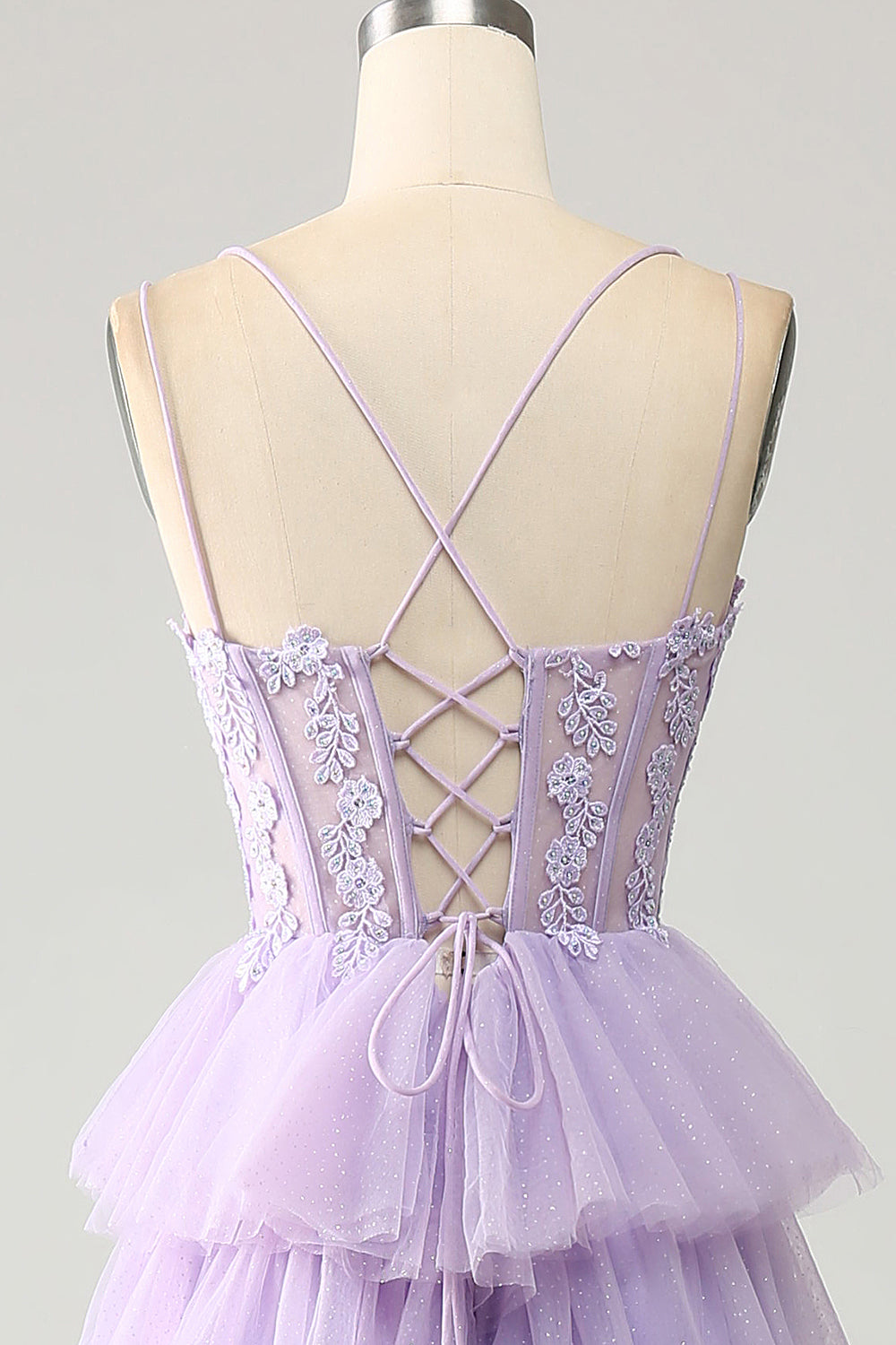 Luolandi Lilac Tulle Appliques Tiered Princess Corset Prom Dress Floor Length Beautiful