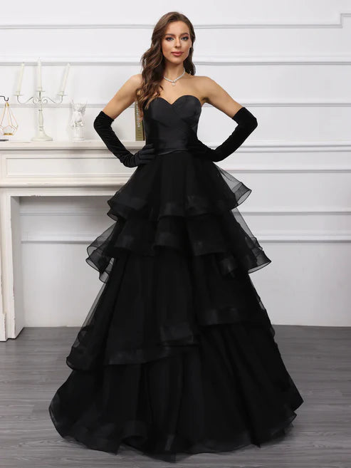 Luolandi A-Line/Princess Sweetheart Long Tulle Dresses With Ruffles Off Shoulder Black Evening Dress Without Gloves