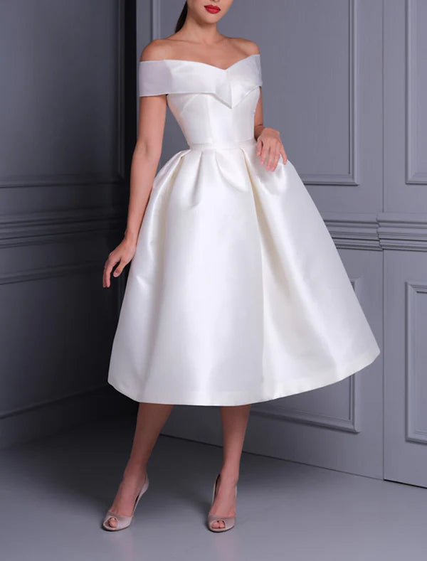 Luolandi Bridal Shower Little Dresses Simple Wedding Dresses A-Line Off Shoulder Cap Sleeve Tea Length Satin Bridal Gowns