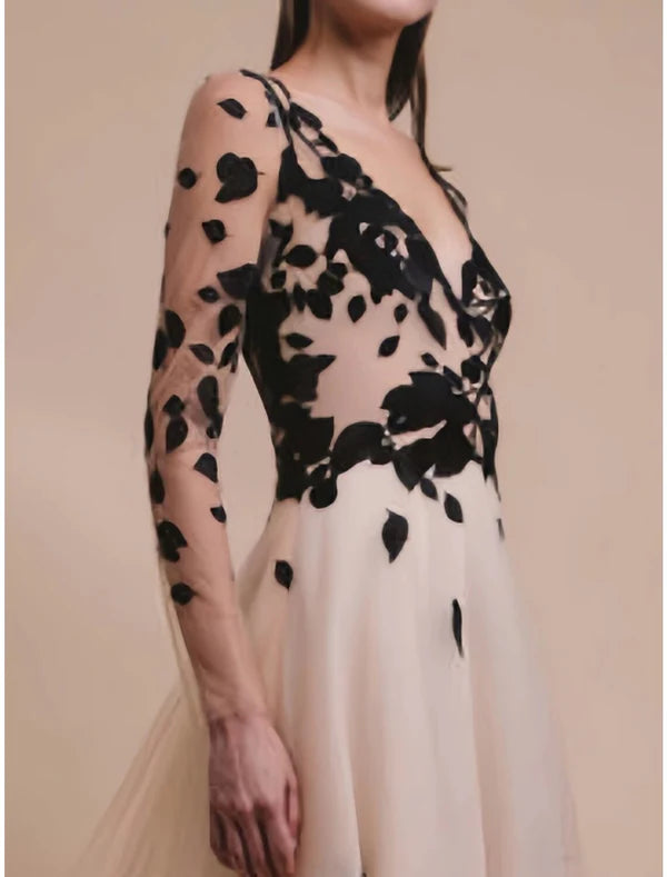 Luolandi A-Line Evening Gown Champagne Gold Elegant Dress Formal Wedding Guest Sweep / Brush Train Long Sleeve V Neck Tulle with Embroidery Prom Dress