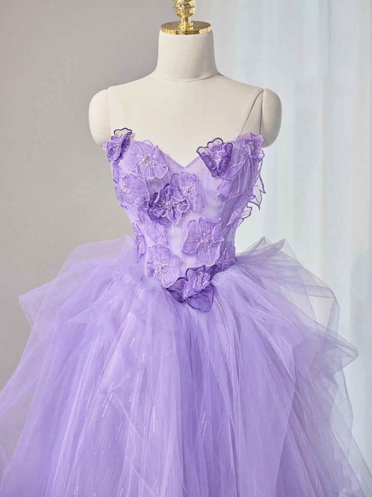 Luolandi A-Line Sweetheart Neck Tulle Lace Applique Purple Long Prom Dress Formal Dress With Flowers