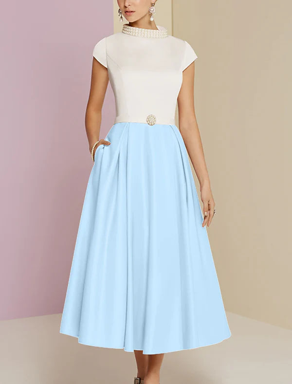 Luolandi A-Line Mother of the Bride Dress Wedding Guest Vintage Tea Length Satin Short Sleeve with Pearls Elegant