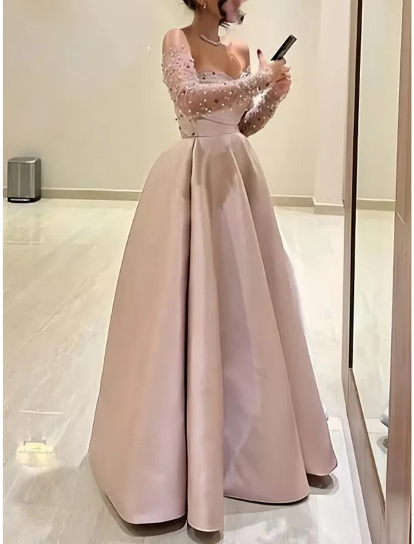 Luolandi A-Line Evening Gown Princess Dress Formal Floor Length Long Sleeve Sweetheart Satin with Pleats Ruched Beading Sexy