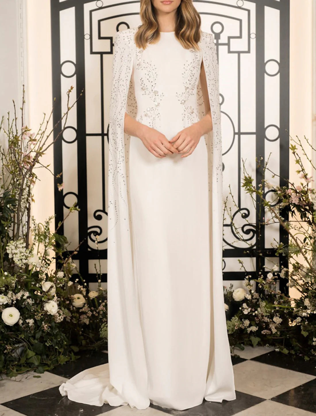 Luolandi Sheath / Column Evening Gown Elegant Dress Wedding Guest Wedding Party Floor Length Sleeveless Jewel Neck Capes Chiffon