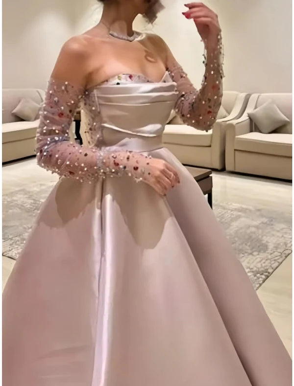 Luolandi A-Line Evening Gown Princess Dress Formal Floor Length Long Sleeve Sweetheart Satin with Pleats Ruched Beading Sexy