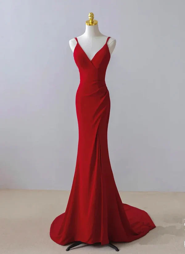 Luolandi Pretty Red Mermaid Straps Long Evening Dress with Leg Slit Red Prom Dress Solid Color