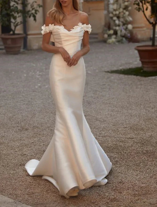 Luolandi Engagement Formal Wedding Dresses Sheath / Column Off Shoulder Cap Sleeve Court Train Satin Bridal Gowns With Ruched