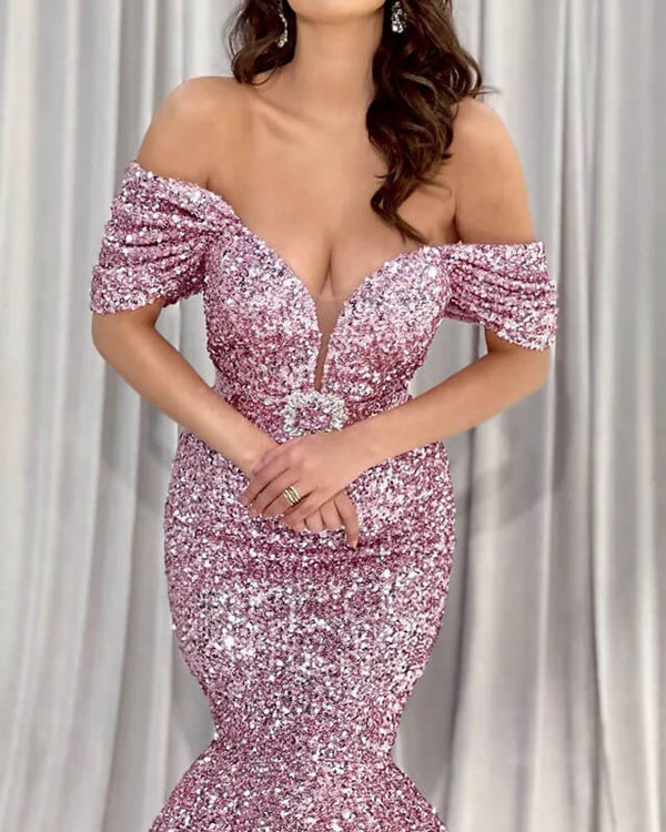 Luolandi Mermaid Dusty Pink Sequin Off-shoulder Dress Evening Dresses Prom Dresses Sparkly