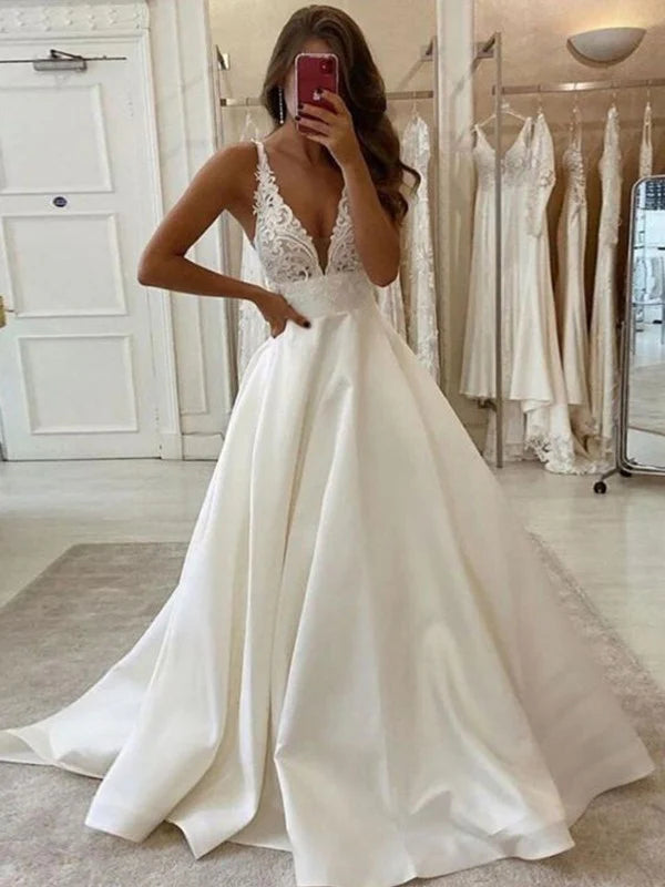 Luolandi A-Line/Princess Satin Lace V-neck Sleeveless Sweep/Brush Train Wedding Dresses Open Back