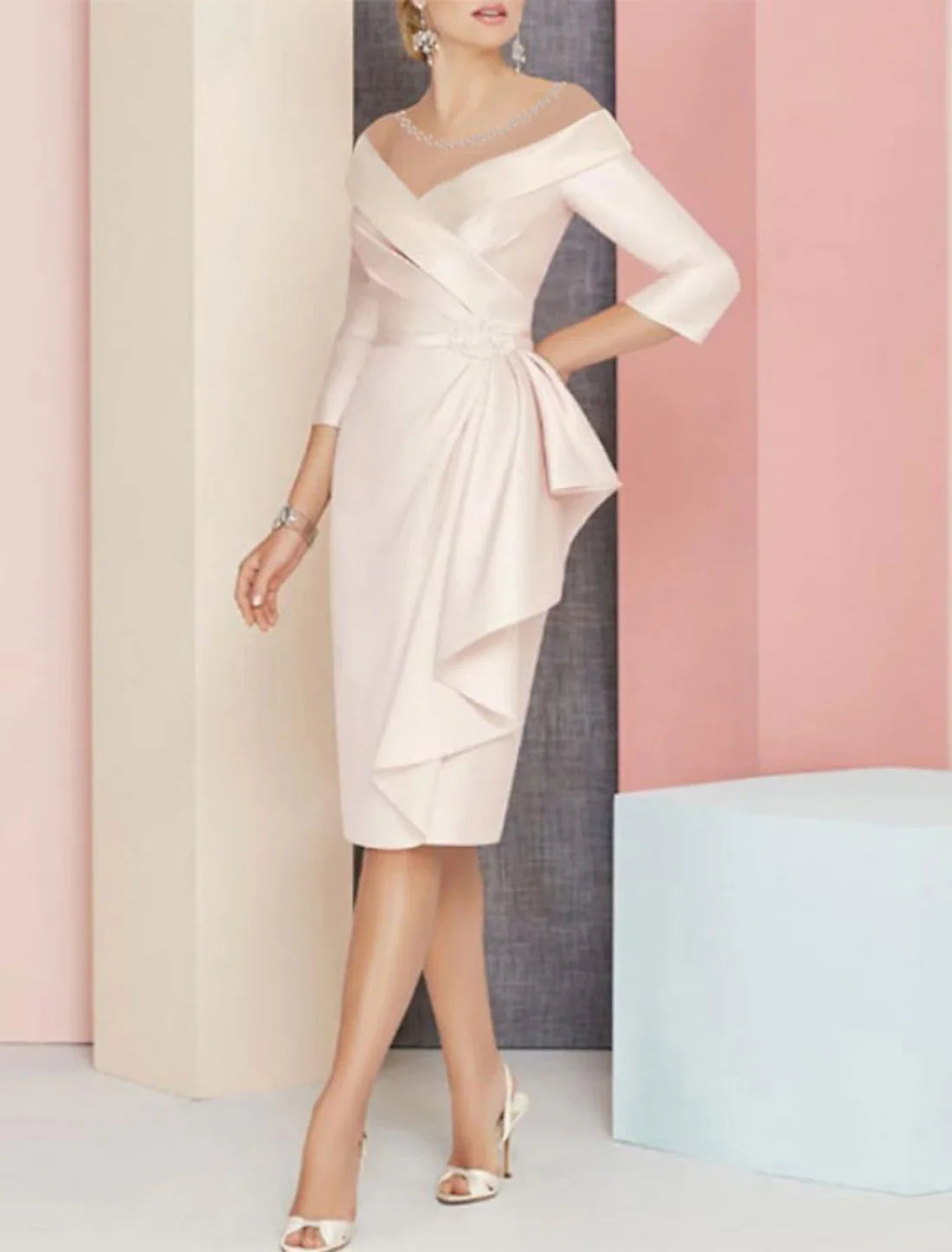 Luolandi Mother of the Bride Dress Plus Size Elegant Vintage V Neck Knee Length Satin 3/4 Length Sleeve with Sash / Ribbon Ruching