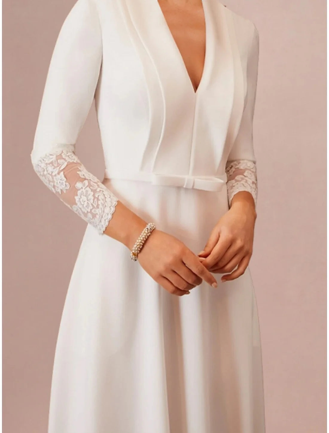 Luolandi Elegant Wedding Dresses A-Line V Neck Long Sleeve Tea Length Bridal Gowns With Bow(s)