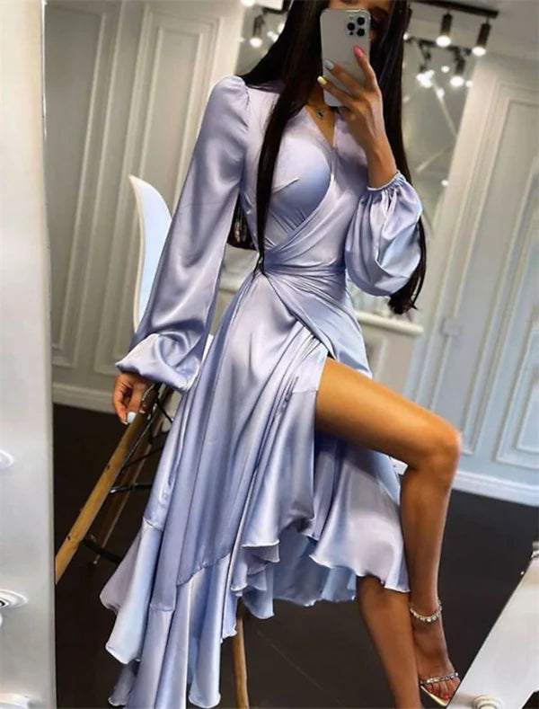 Luolandi A-Line Wedding Guest Dresses High Low Dress Party Wear Semi Formal Asymmetrical Long Sleeve V Neck Satin with Ruffles Pure Color Party Dress