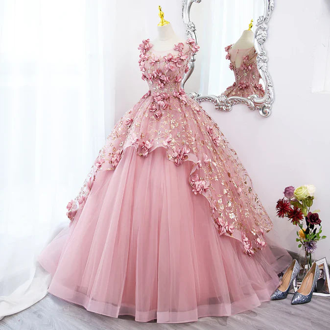 Luolandi Pink Flowers Round Neckline Floor Length Sweet 16 Dress Long Formal Dress Prom Dress With Flowers