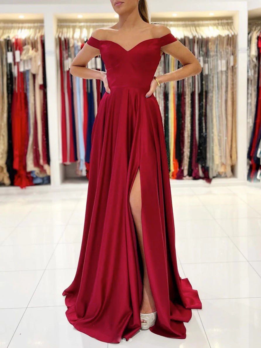 Luolandi Simple sweetheart satin long prom dress burgundy bridesmaid dress Evening Dress With Slit