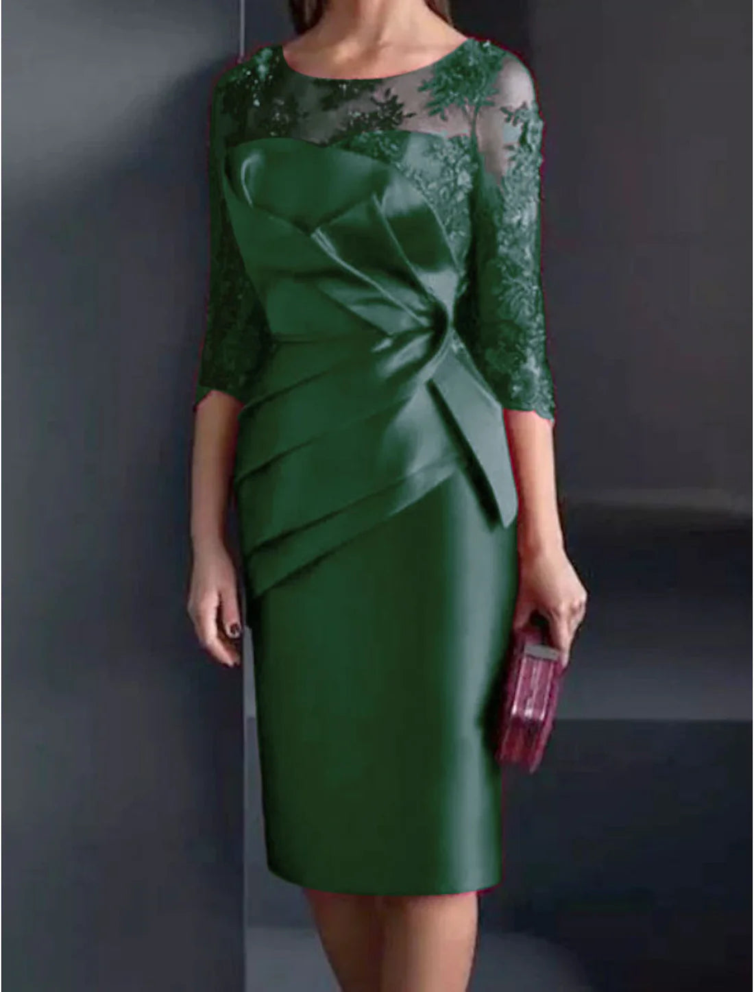 Luolandi Sheath / Column Mother of the Bride Dress Wedding Guest Elegant Illusion Neck Knee Length Satin Lace 3/4 Length Sleeve with Appliques