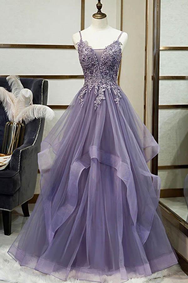 Luolandi Lace Tulle Spaghetti Straps Applique Prom Dress A Line Floor Length Beautiful