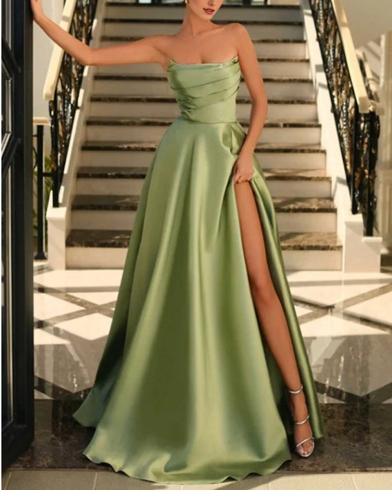 Luolandi A-Line Princess Ball Gown Sage Green Strapless Prom Dress Long Pleats With Split Sexy Evening Dress