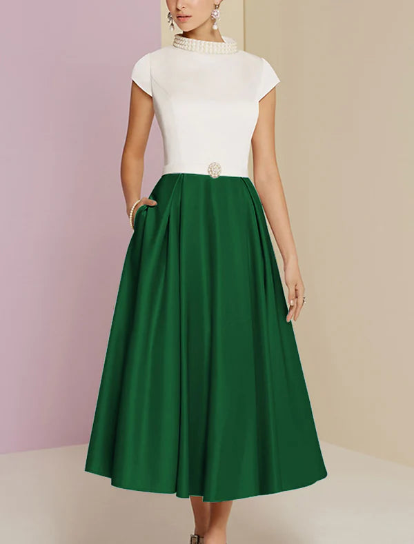Luolandi A-Line Mother of the Bride Dress Wedding Guest Vintage Tea Length Satin Short Sleeve with Pearls Elegant