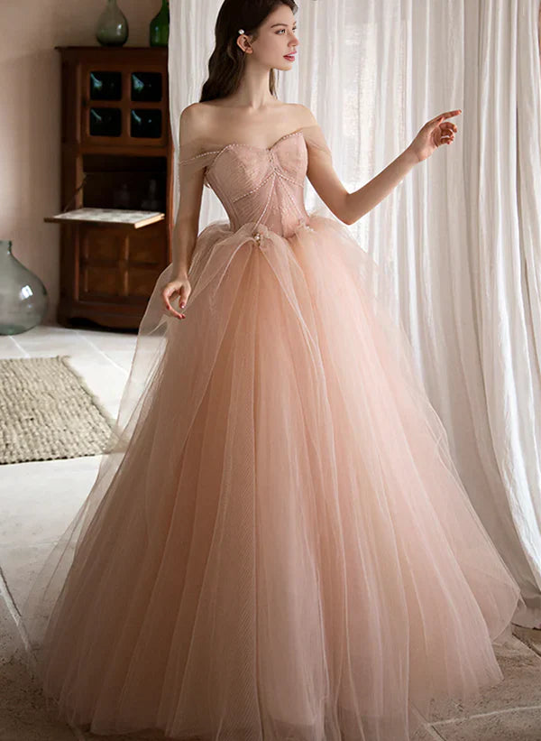 Luolandi Off Shoulder Pink Tulle Long Formal Dress A-line Princess Prom Dress Evening Dress Beautiful