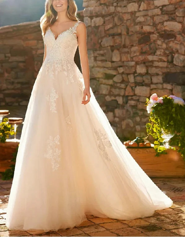 Luolandi Lace Ball-Gown Wedding Dresses Featuring Tulle V-neck Open Back Floor Length with Appliques