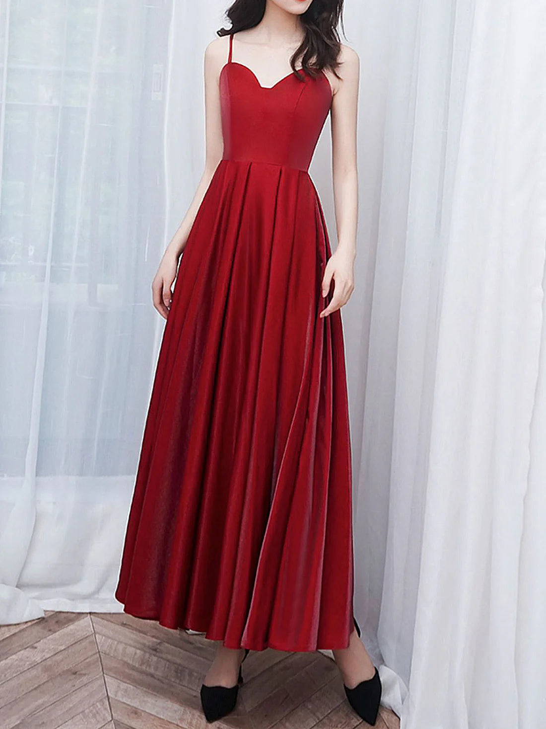 Luolandi A-Line Satin Burgundy Prom Dress Bridesmaid Dress Formal Dress Elegant Evening Dress