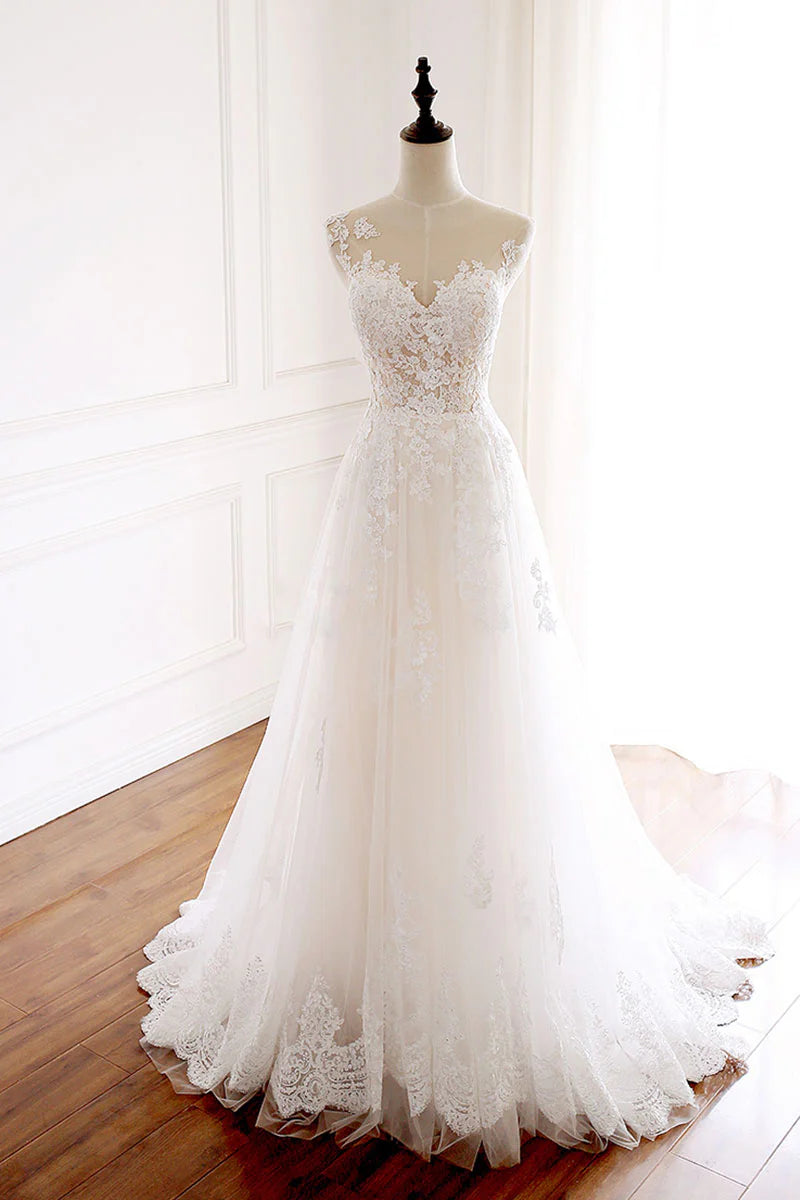 Luolandi round neck tulle lace long prom dress wedding dress A Line Sleeveless with Appliques