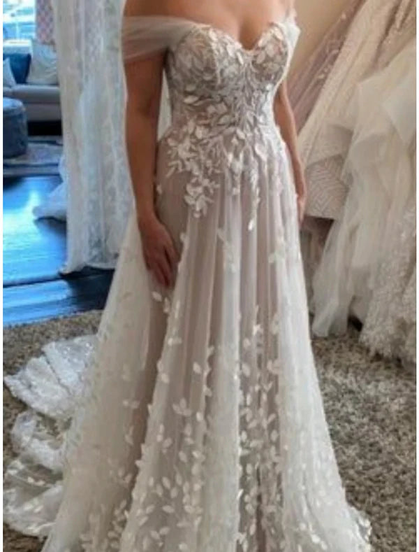 Luolandi Beach Formal Wedding Dresses A-Line Off Shoulder Sleeveless Court Train Lace Bridal Gowns With Appliques