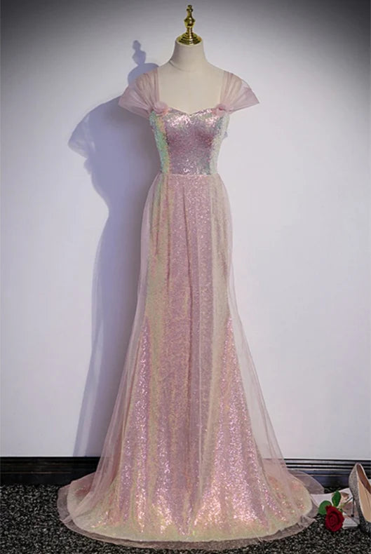 Luolandi Pink Sparkly Mermaid Long Prom Dress Off Shoulder Floor Length Evening Dress