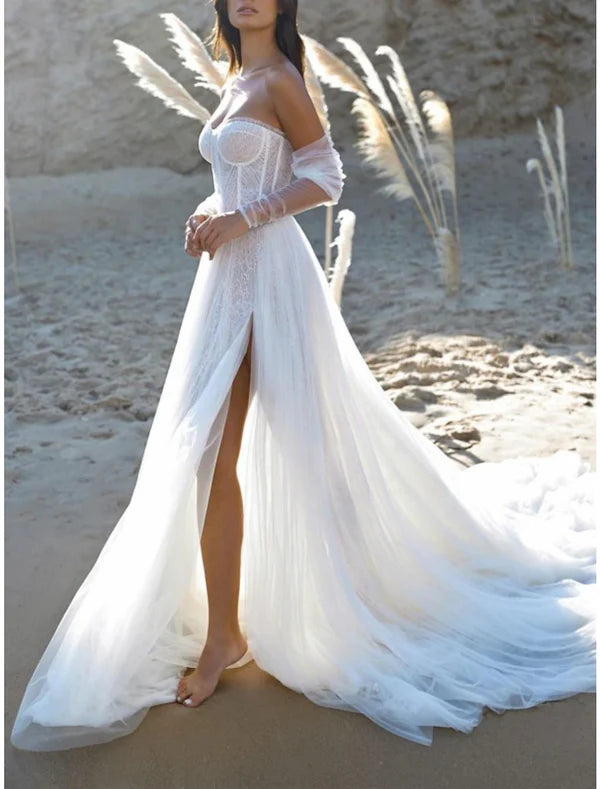 Luolandi Beach Sexy Wedding Dresses A-Line Sweetheart Strapless Court Train Lace Bridal Gowns With Pleats Split