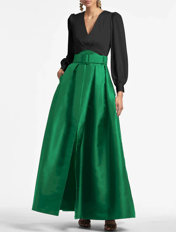 Luolandi A-Line Evening Gown Party Dress Wedding Guest Floor Length Short Sleeve V Neck Belt / Sash Satin with Pleats Fashion