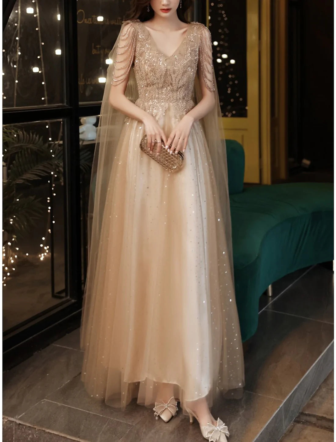 Luolandi A-Line Sheath / Column Mother of the Bride Dress Wedding Guest Party Sparkle & Shine Petite V Neck Ankle Length Tulle Sleeveless with Pleats Beading Sequin Fall Evening Dress