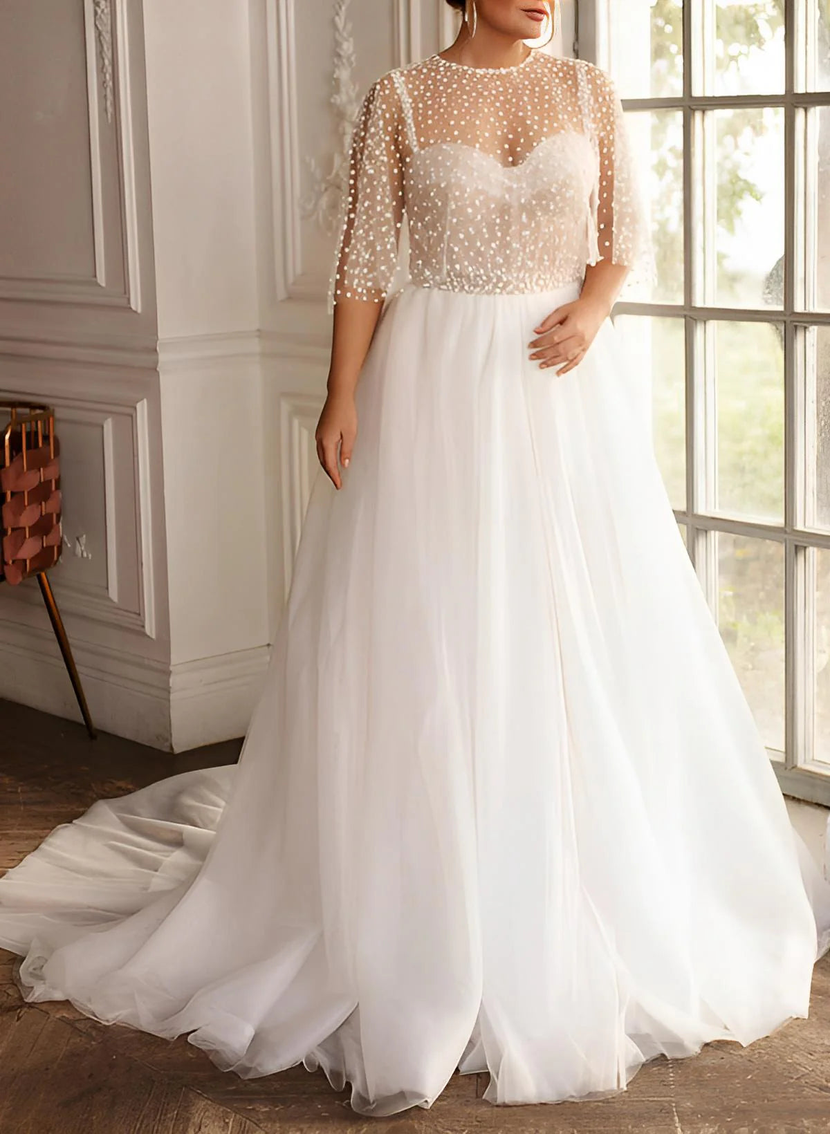 Luolandi Elegant A-Line Sweep Train Chiffon/Lace Wedding Dresses Plus Size Long Sexy Bridal Gown