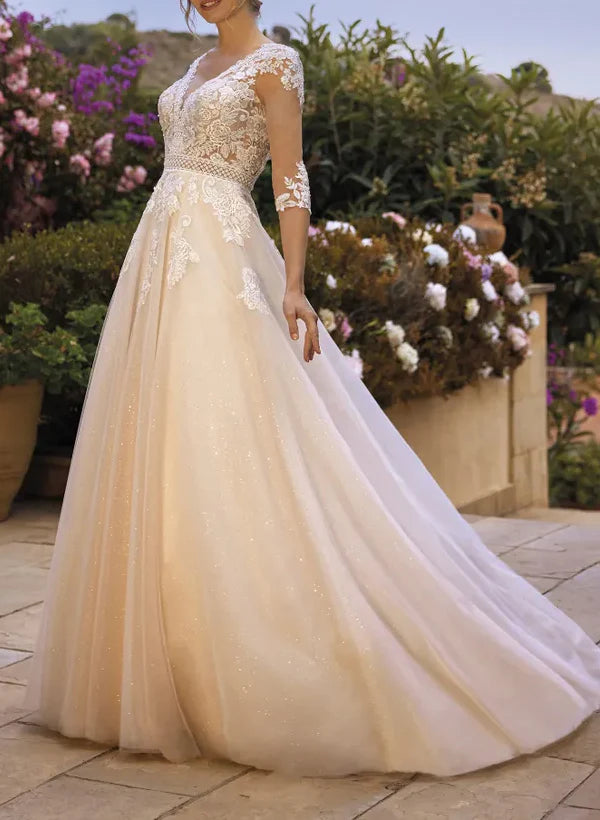 Luolandi A-Line V-Neck Wedding Dresses With 3/4 Sleeves Lace/Tulle Appliques Lace/Back Hole Elegant