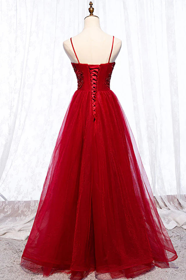 Luolandi A Line tulle lace beads long prom dress evening dress  Red Formal Dress with Appliques
