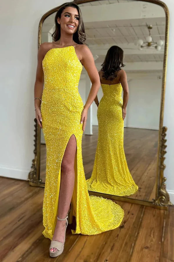 Luolandi Sparkly Yellow Mermaid Sequins Prom Dress with Slit Floor Length Evening Dress
