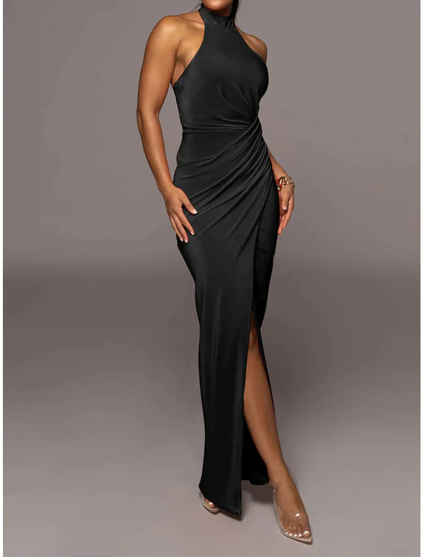 Luolandi Women's Prom Dress Party Dress Homecoming Dress Long Dress Maxi Dress Black Army Green Blue Sleeveless Pure Color Ruched Halter Neck Party Evening Party Wedding Guest Dress