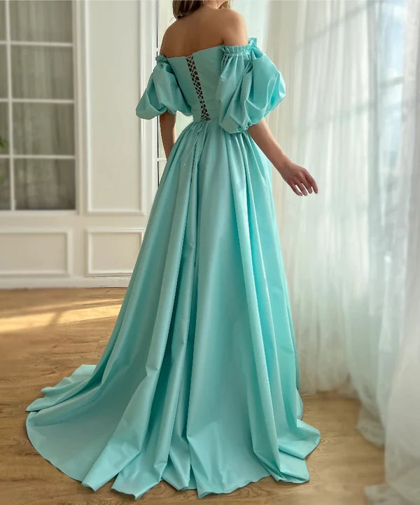 Luolandi Charming Aquamarine Gown Off Shoulder A-Line Floor-length Prom Dress Evening Dress With Slit