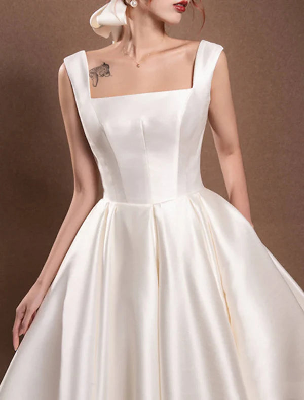 Luolandi Simple Wedding Dresses Wedding Dresses A-Line Off Shoulder Cap Sleeve Tea Length Satin Bridal Gowns With Pleats And Bow