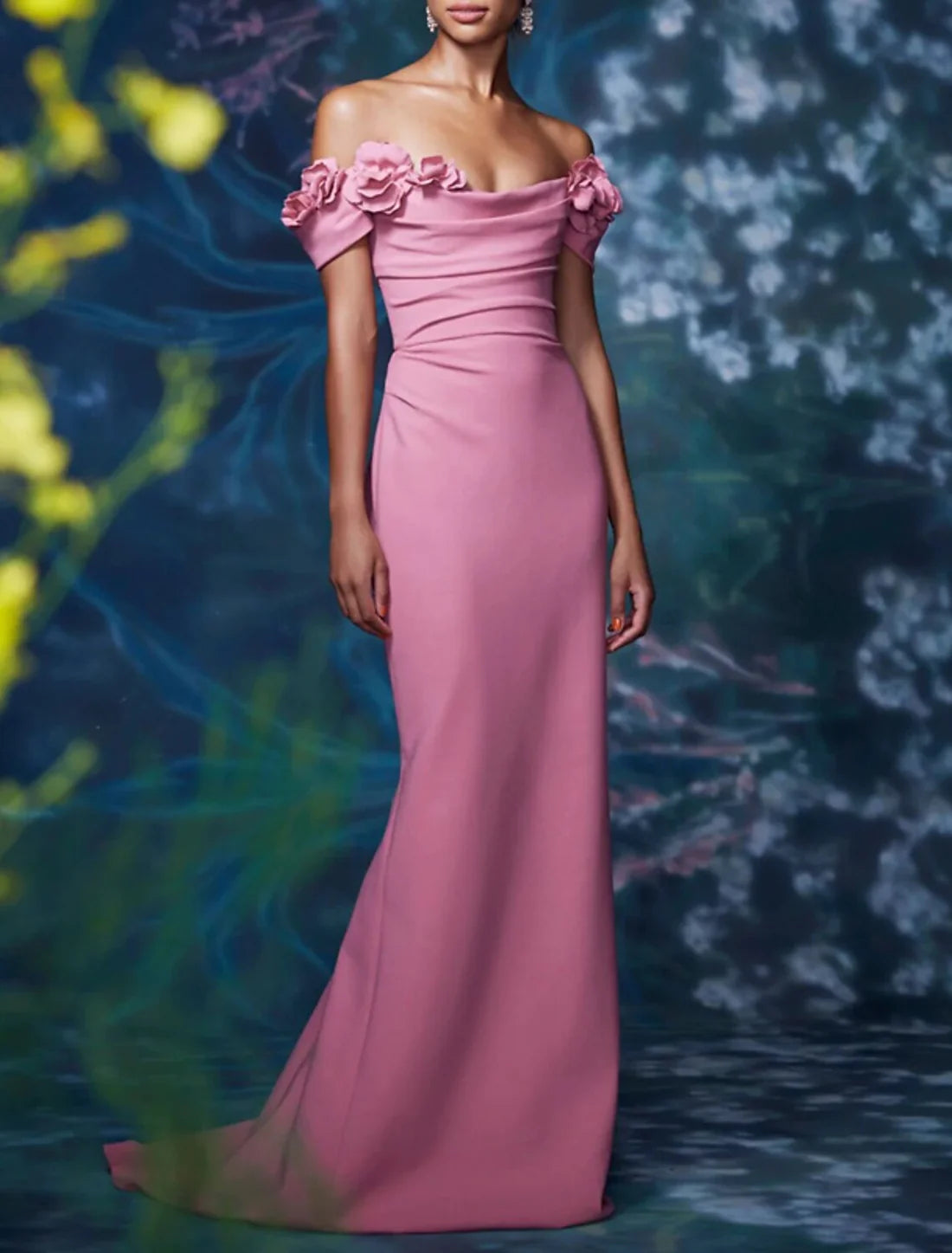 Luolandi Mermaid / Trumpet Evening Gown Floral Dress Formal Wedding Guest Sweep / Brush Train Short Sleeve Off Shoulder Satin Backless with Ruched