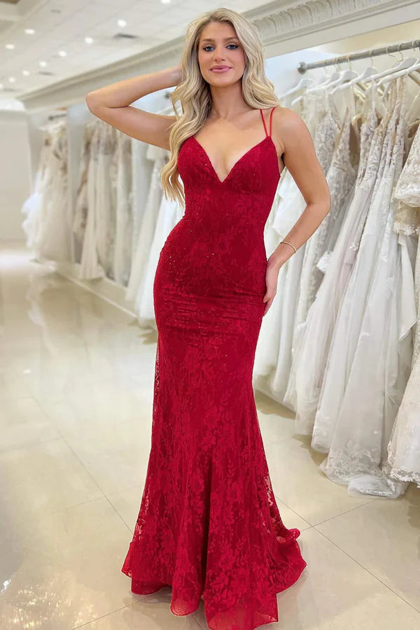 Luolandi Red Lace V Neck Mermaid Prom Dress Floor Length Sexy Evening Dress