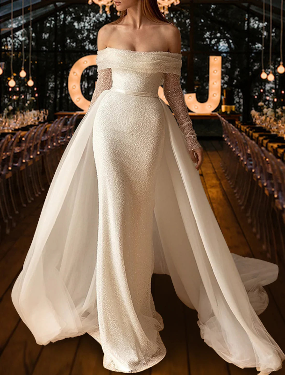 Luolandi Beach Simple Glitter & Sparkle Wedding Dresses Mermaid / Trumpet Off Shoulder Long Sleeve Court Train Sequined OverSkirts Bridal Gowns With Ruched Sequin Sexy