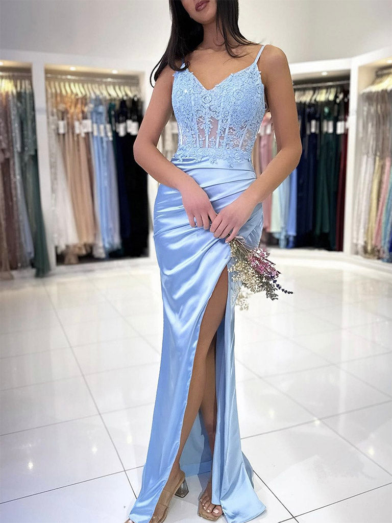 Luolandi Blue V Neck Lace Satin Mermaid Long Prom Dress Formal Dress Evening Dress december wedding guest dress With Slit