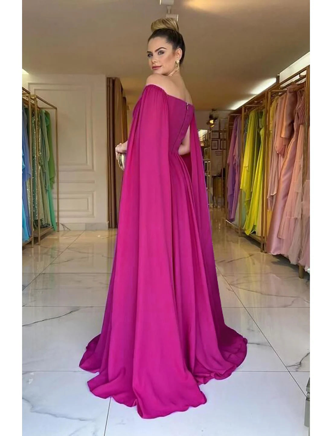 Luolandi A-Line Evening Gown Elegant Dress Formal Wedding Party Sweep / Brush Train Sleeveless Off Shoulder Capes Chiffon with Pleats Solid Color