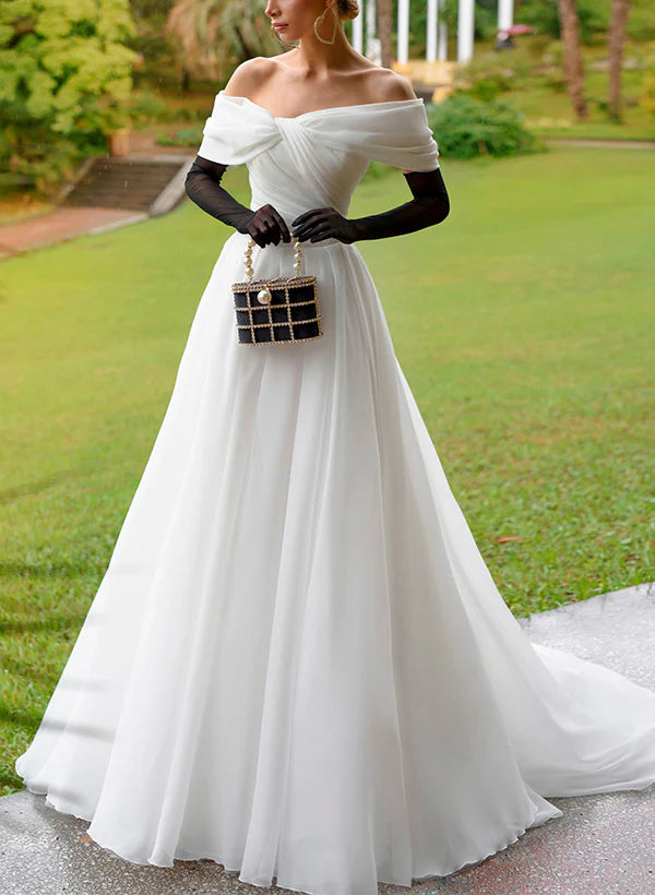 Luolandi Off-The-Shoulder Sleeveless Organza Wedding Dress Solid Color Floor Length Elegant Without Gloves