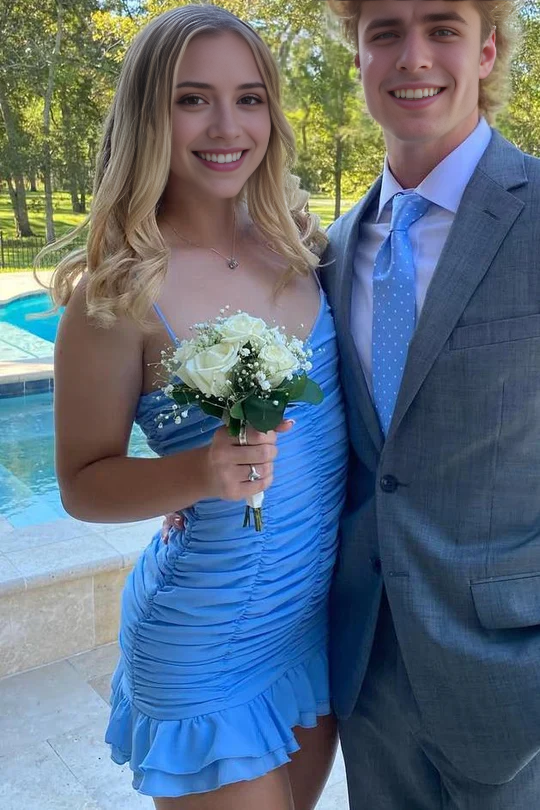 Luolandi Sweet Spaghetti Straps Ruffles Ruched Short Prom Dress Charming Homecoming Dress Lovely Graduation Dress Cute Birthday Party Dress