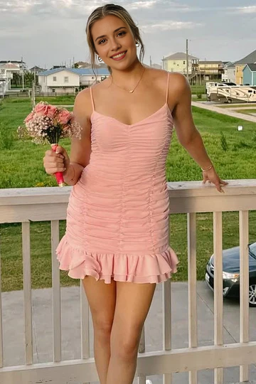 Luolandi Sweet Spaghetti Straps Ruffles Ruched Short Prom Dress Charming Homecoming Dress Lovely Graduation Dress Cute Birthday Party Dress