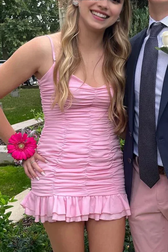 Luolandi Sweet Spaghetti Straps Ruffles Ruched Short Prom Dress Charming Homecoming Dress Lovely Graduation Dress Cute Birthday Party Dress