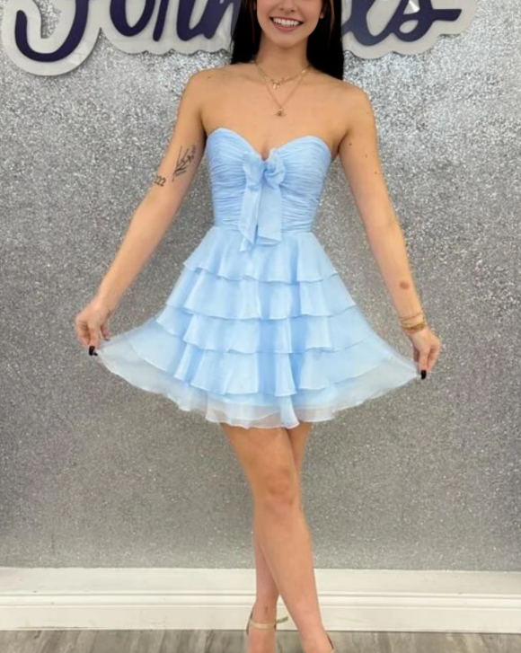 Luolandi Sweetheart A Line Strapless Ruffle Homecoming Dress With Bow Lovely Graduation Dress Cute Birthday Party Dress
